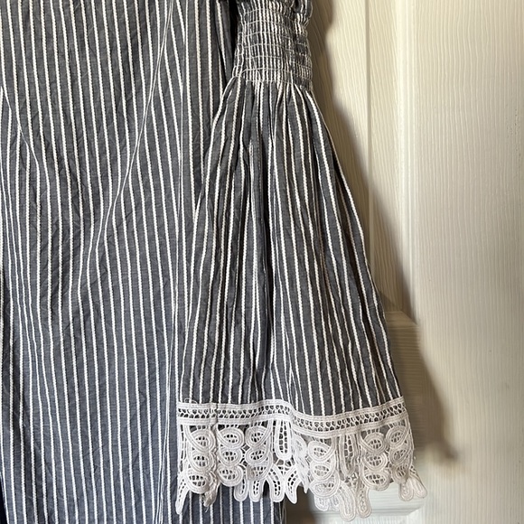 Blue Striped Long Flared Sleeve Off-the-Shoulder Dress with Lace Detail - Picture 3 of 3